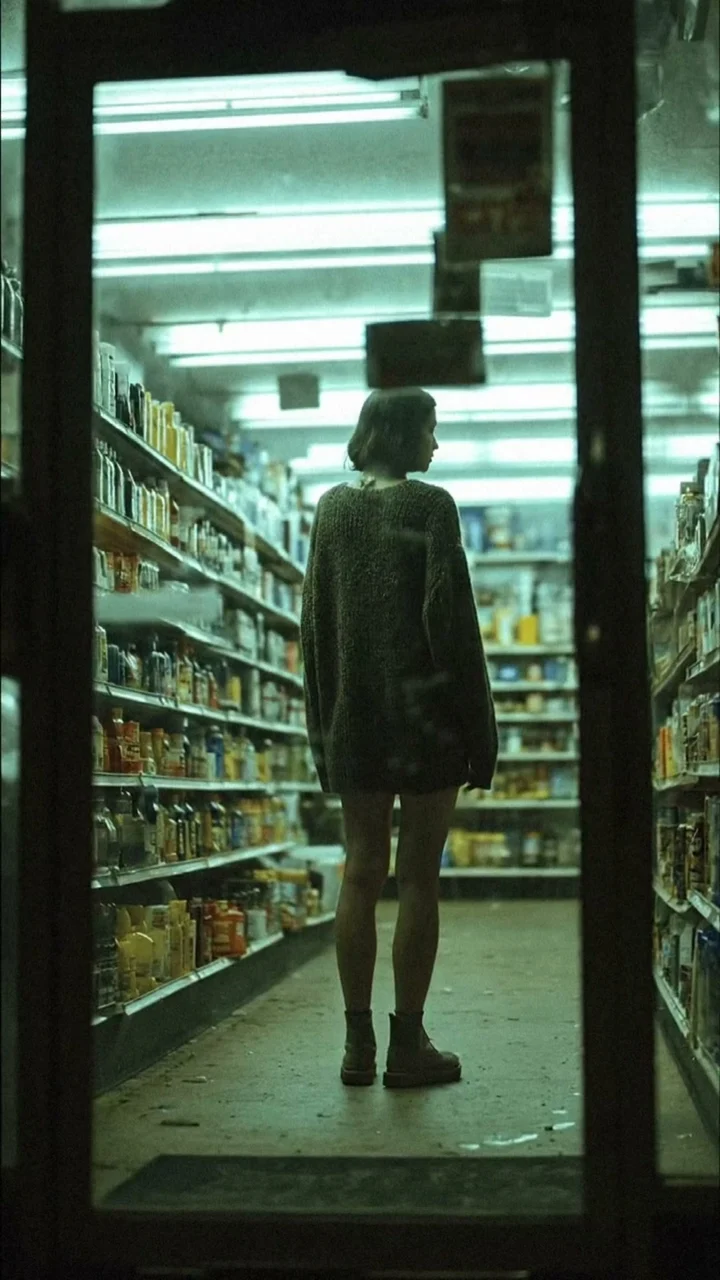 MILK finished-film frame: a woman arrives through a brightly lit shop entrance