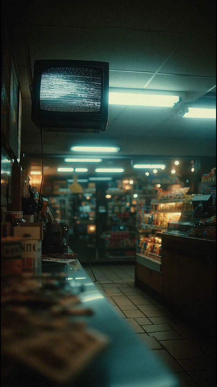 MILK finished-film insert: a surveillance monitor on the shop counter
