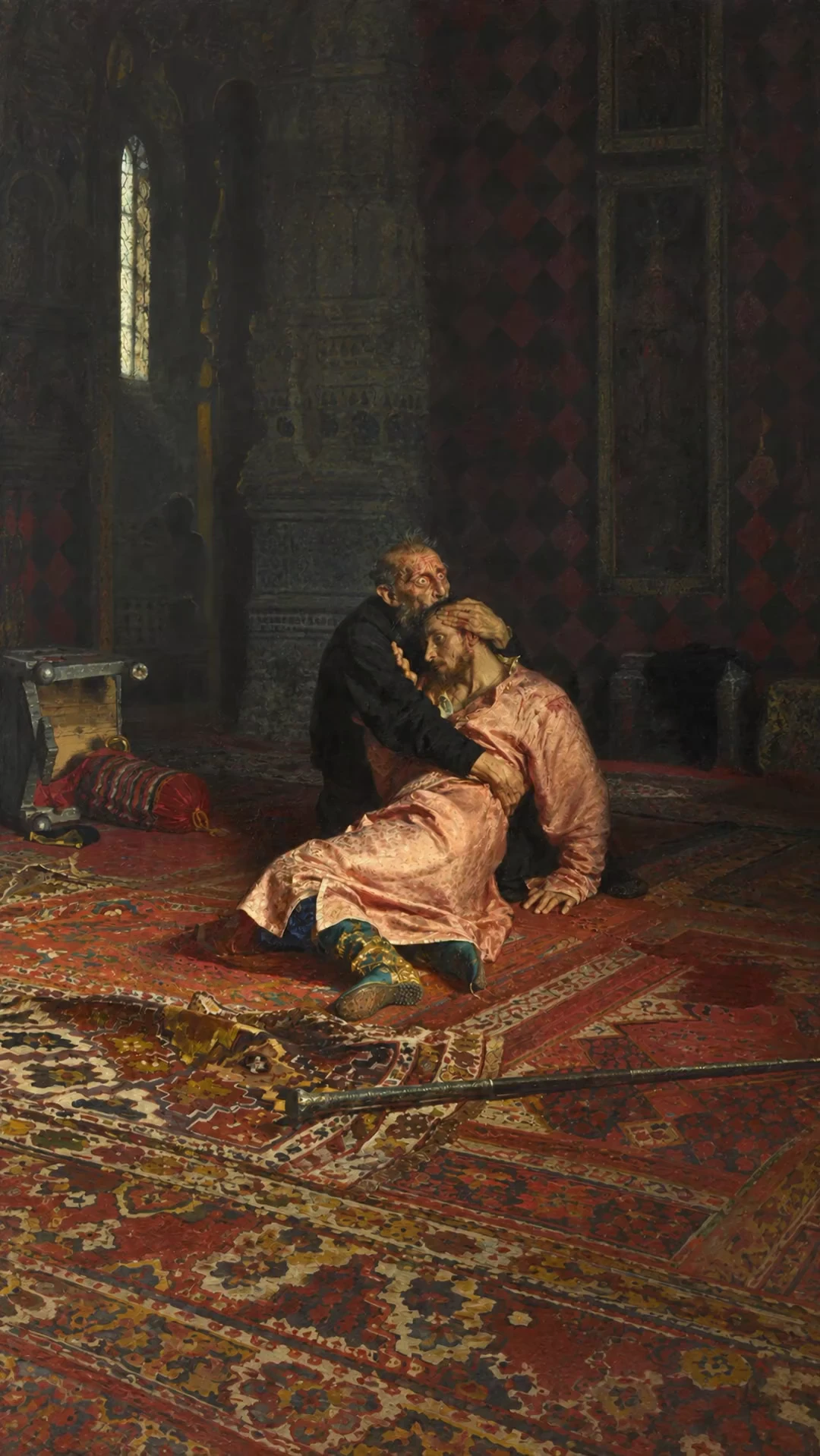 The patterned carpet and fallen sceptre beneath the figures in the opening frame of Ivan