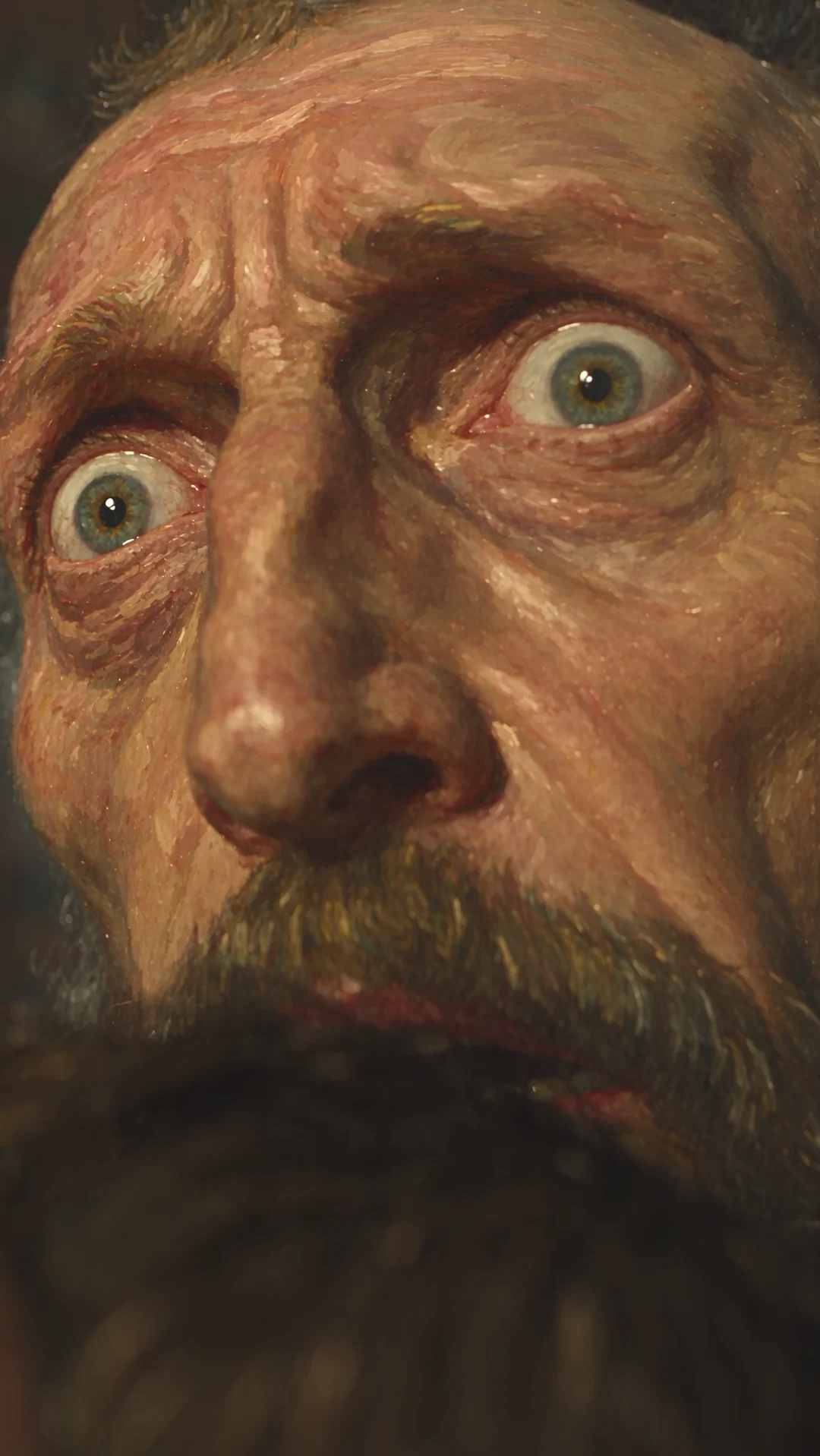 The camera moves close to the faces and hands in the Ivan artwork film