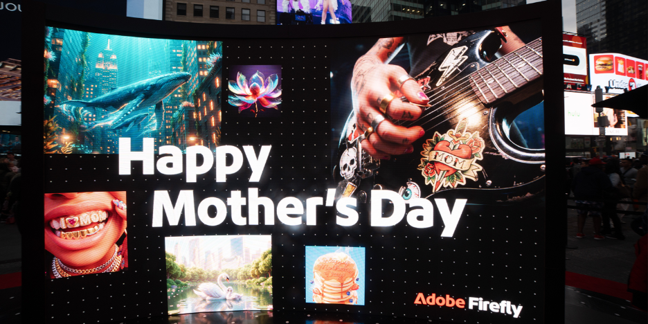 Adobe Firefly artwork including a whale, flower and guitar displayed on a Times Square screen