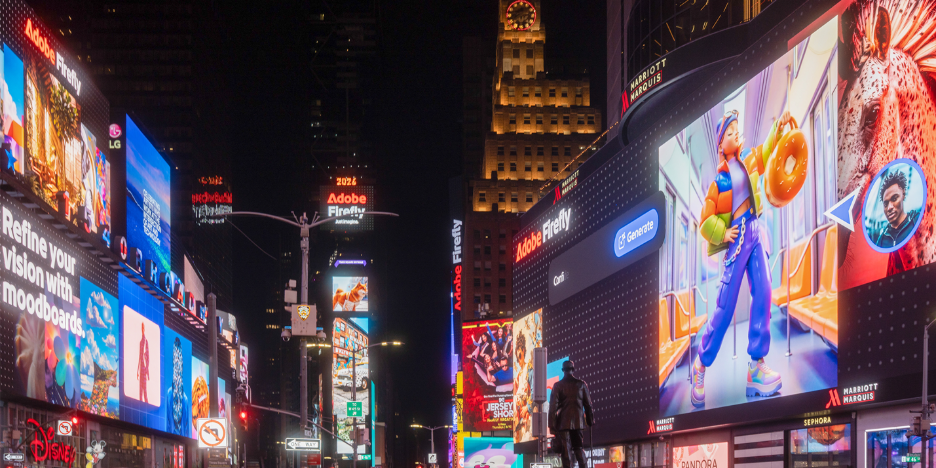 Adobe Firefly campaign artwork displayed across multiple Times Square billboards at night