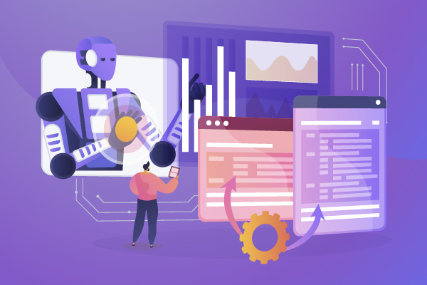European Commission artwork representing AI transparency guidance with a person, interface, charts, and code