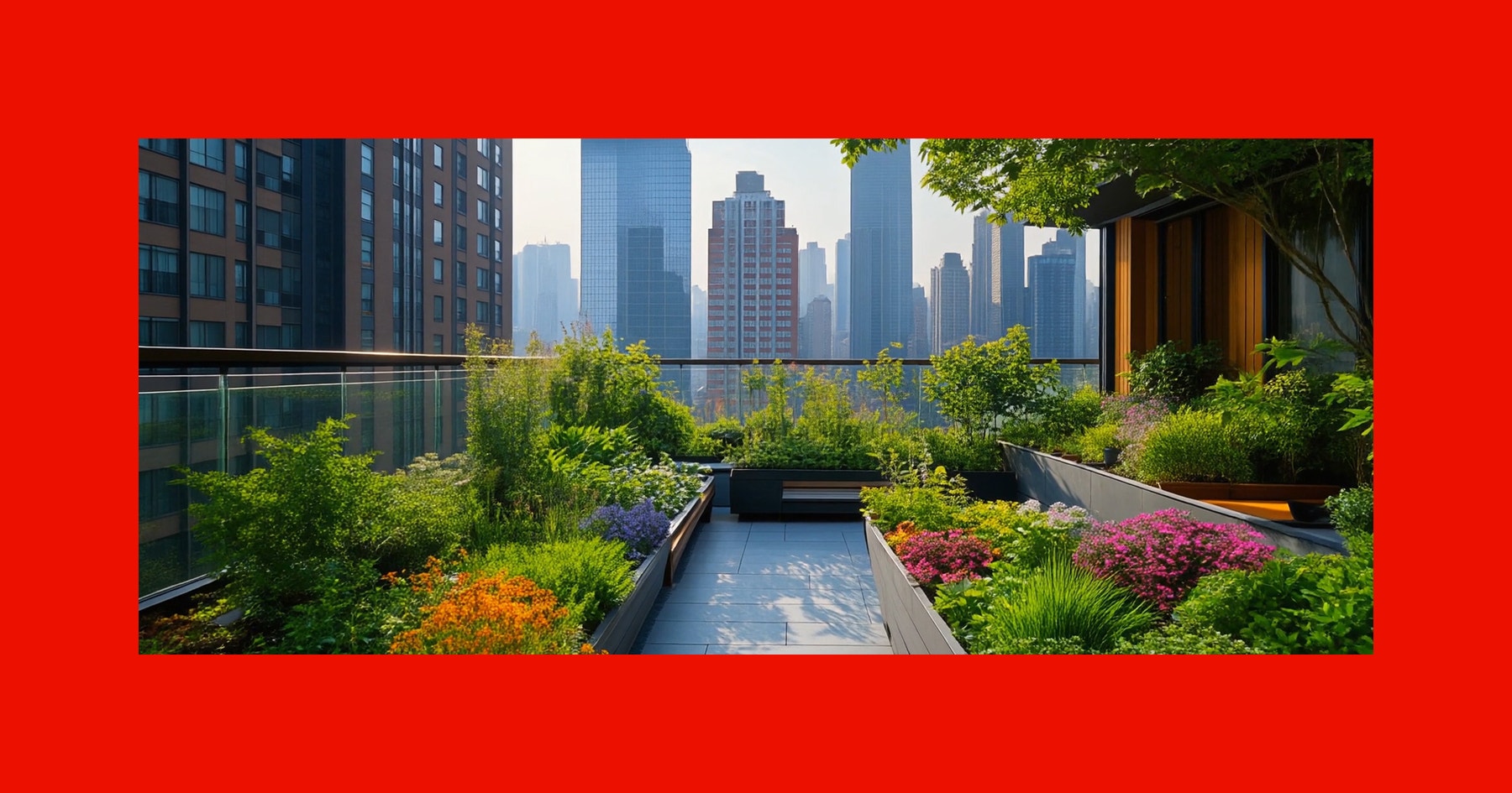 Adobe Firefly official image-to-video example showing a rooftop garden and city skyline
