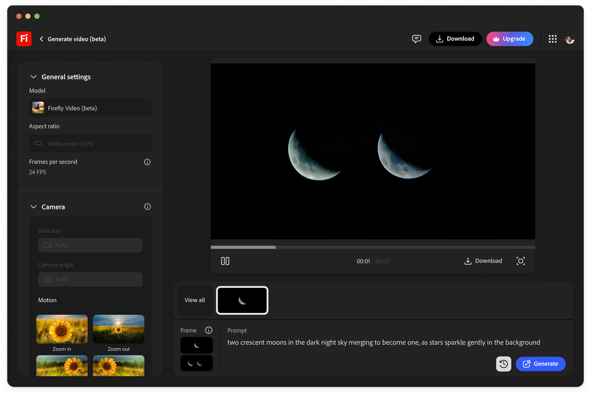 Adobe Firefly Generate Video interface showing camera settings, motion controls, first and last frames, and a generated moon clip