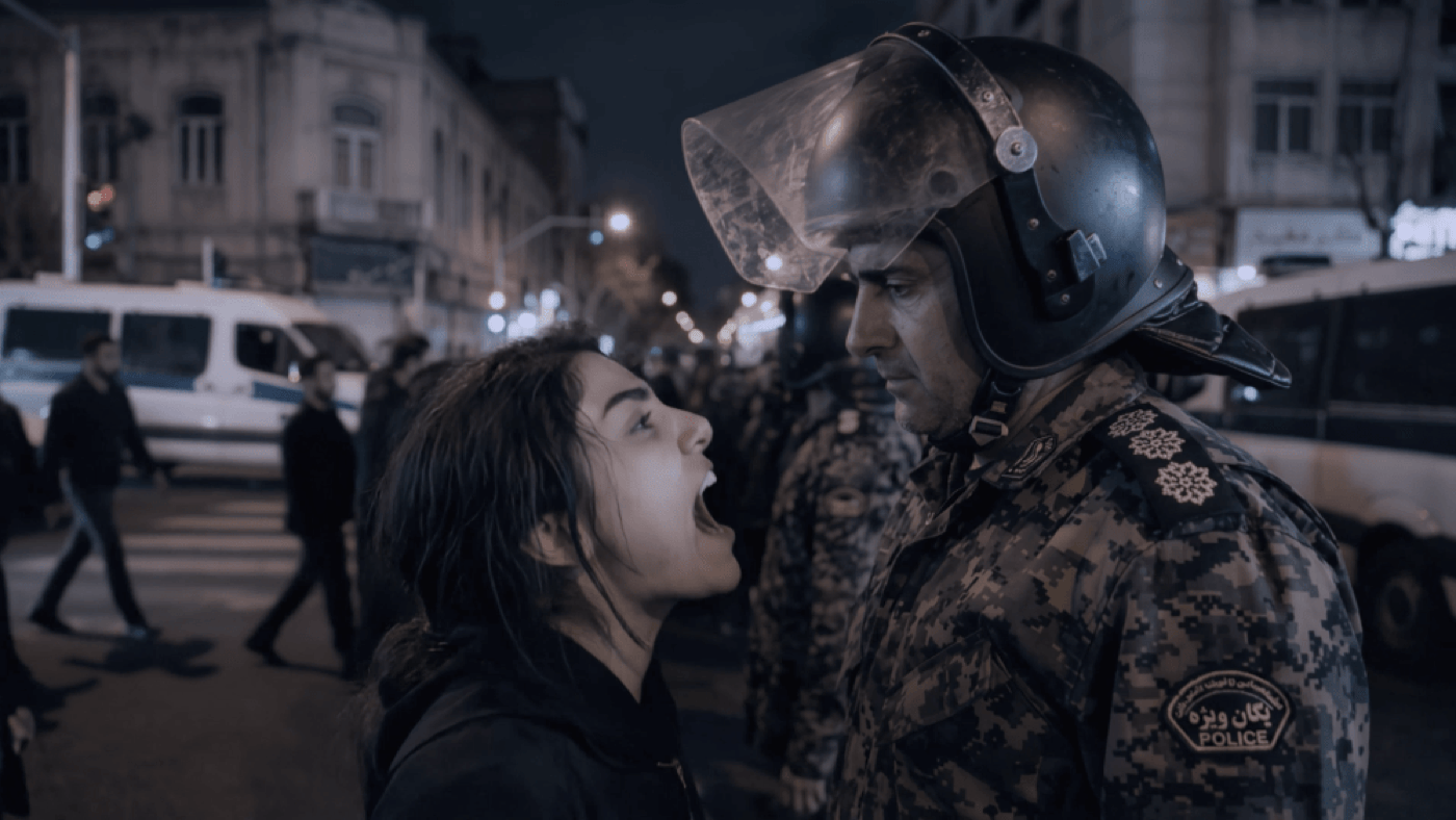 Still from Dreams of Violets showing a woman confronting a police officer