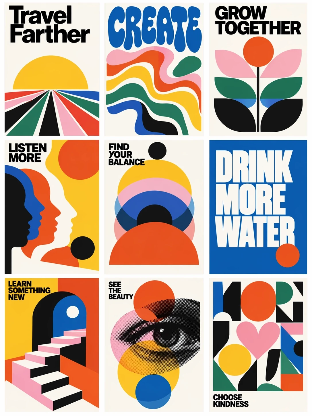 Grid of nine mid-century poster variations with consistent colours and geometric style