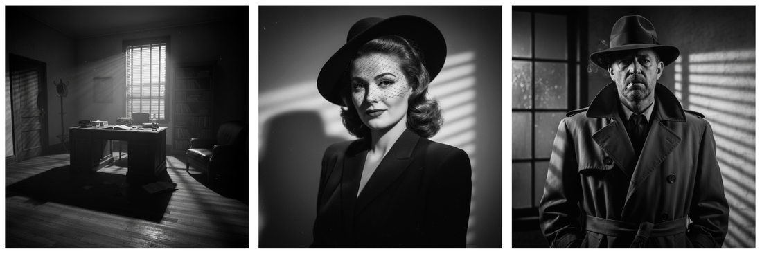 Three Veo reference images showing a noir office, a woman, and a detective