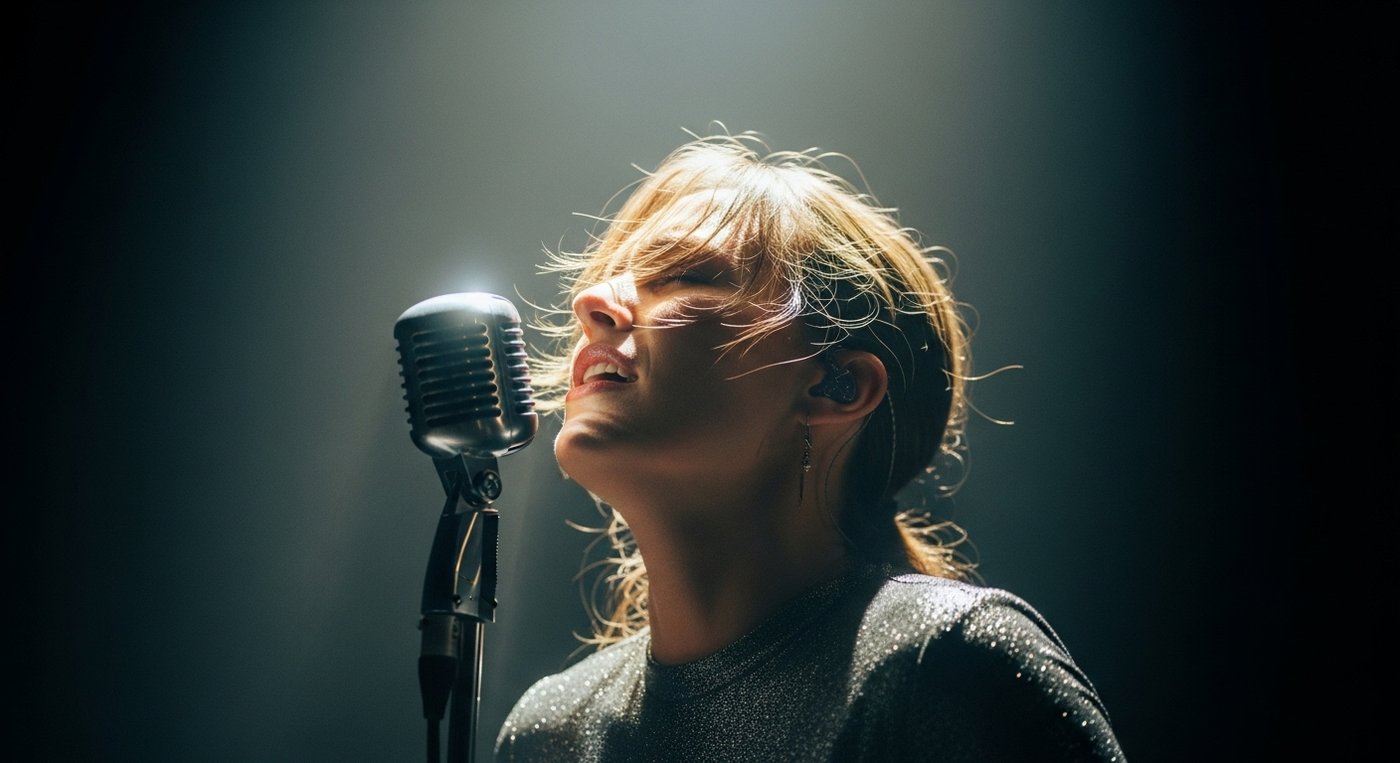 Veo first-frame example showing a singer facing a vintage microphone under a spotlight