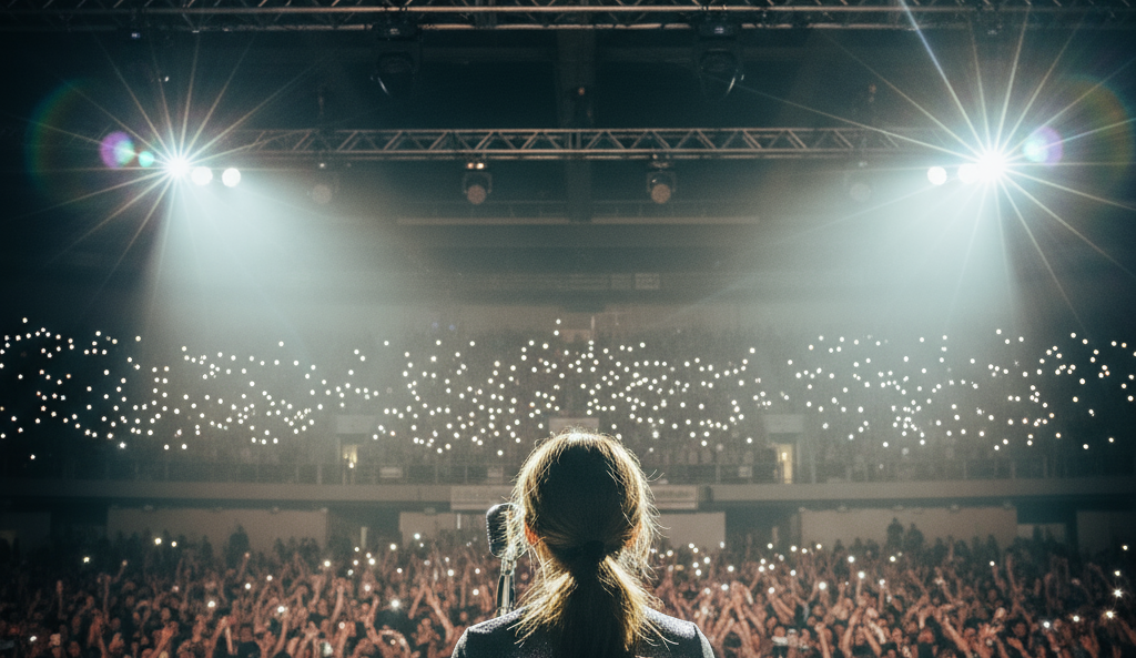 Veo last-frame example showing a singer from behind facing a concert audience