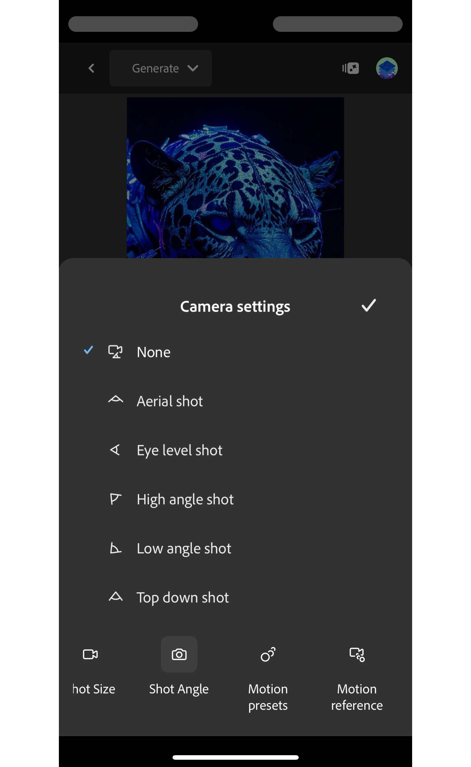 Adobe Firefly camera settings showing aerial, eye-level, high-angle, low-angle and top-down shot controls
