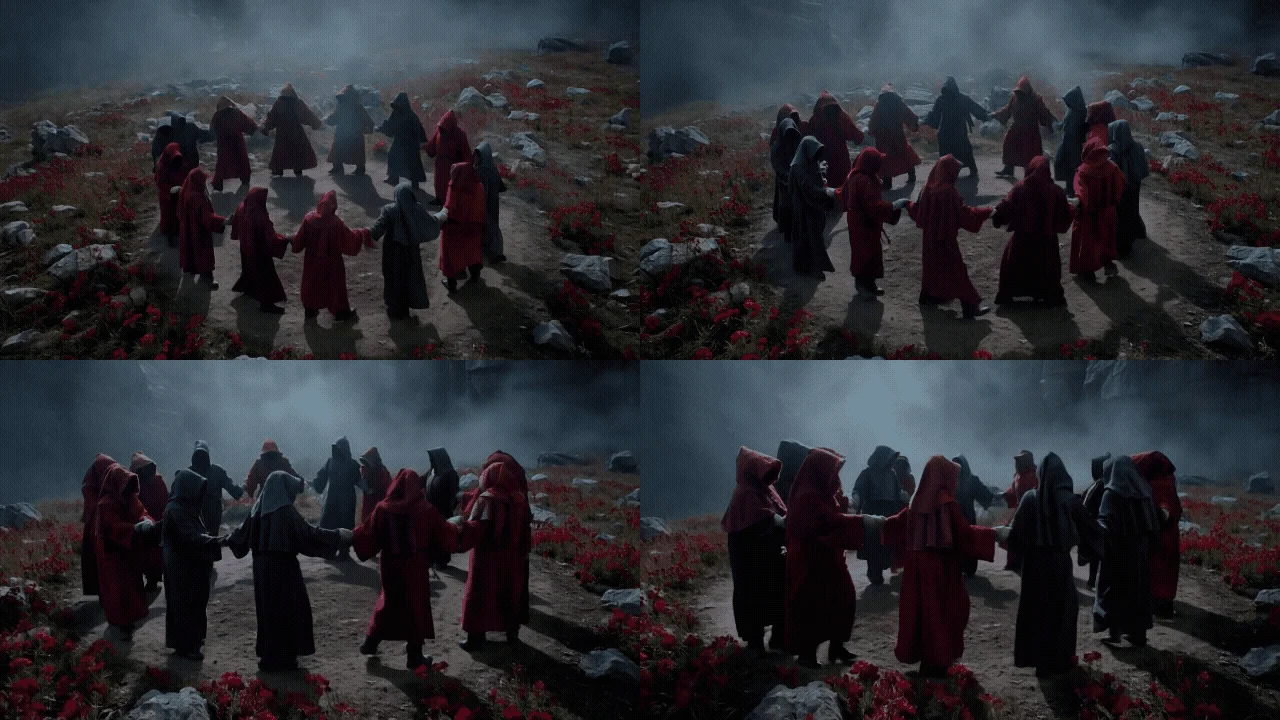 Four-frame contact sheet of a Runway high-angle shot looking down on robed figures in a circle