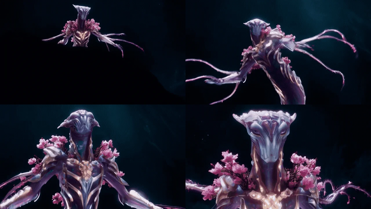 Four-frame contact sheet of a Runway low-angle shot of an opalescent creature growing larger in frame