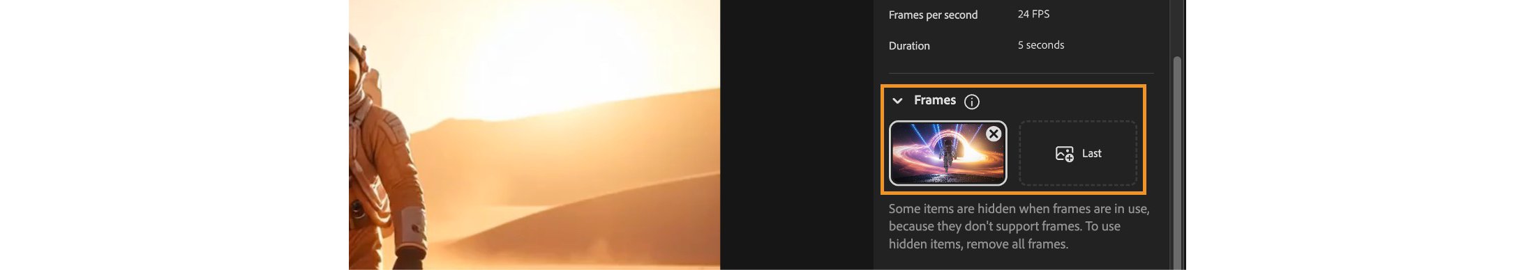Adobe Firefly video editor showing a first-frame control and an empty last-frame slot