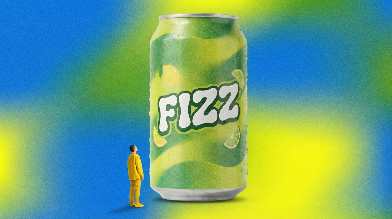 Runway image-to-video source frame showing a person beside an oversized fizzy-drink can