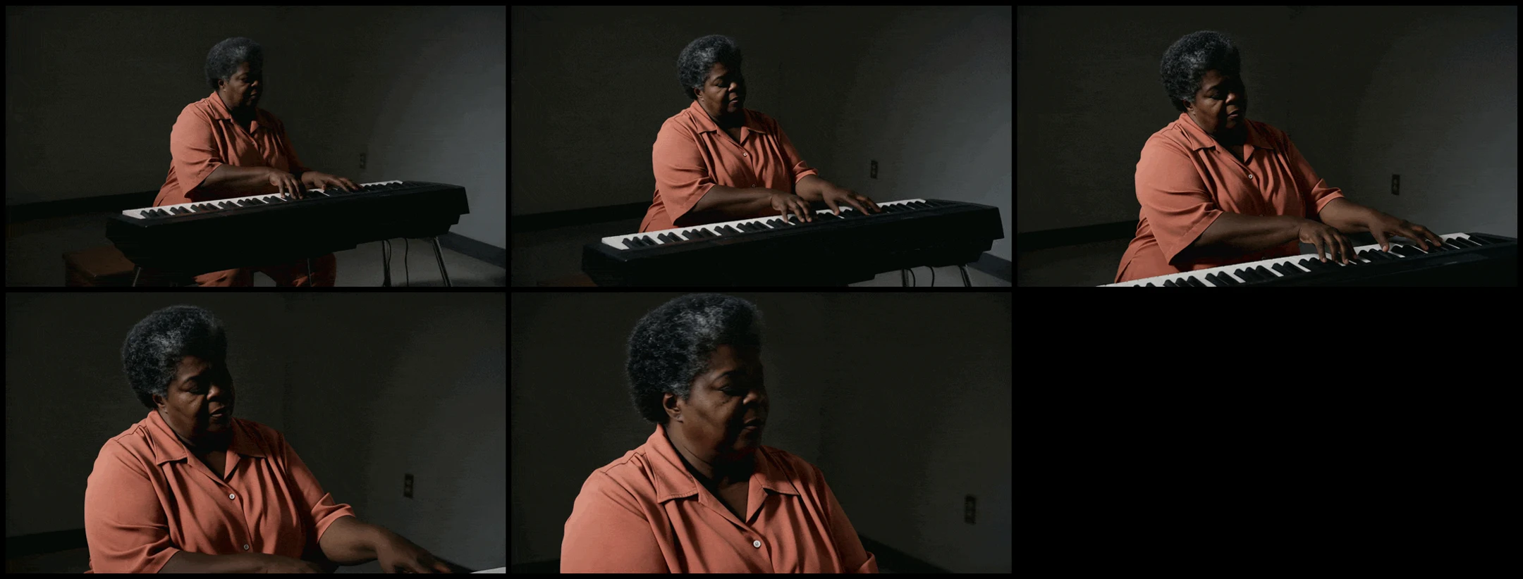 Five-frame contact sheet showing the exposure progression of a Runway chiaroscuro relight shot