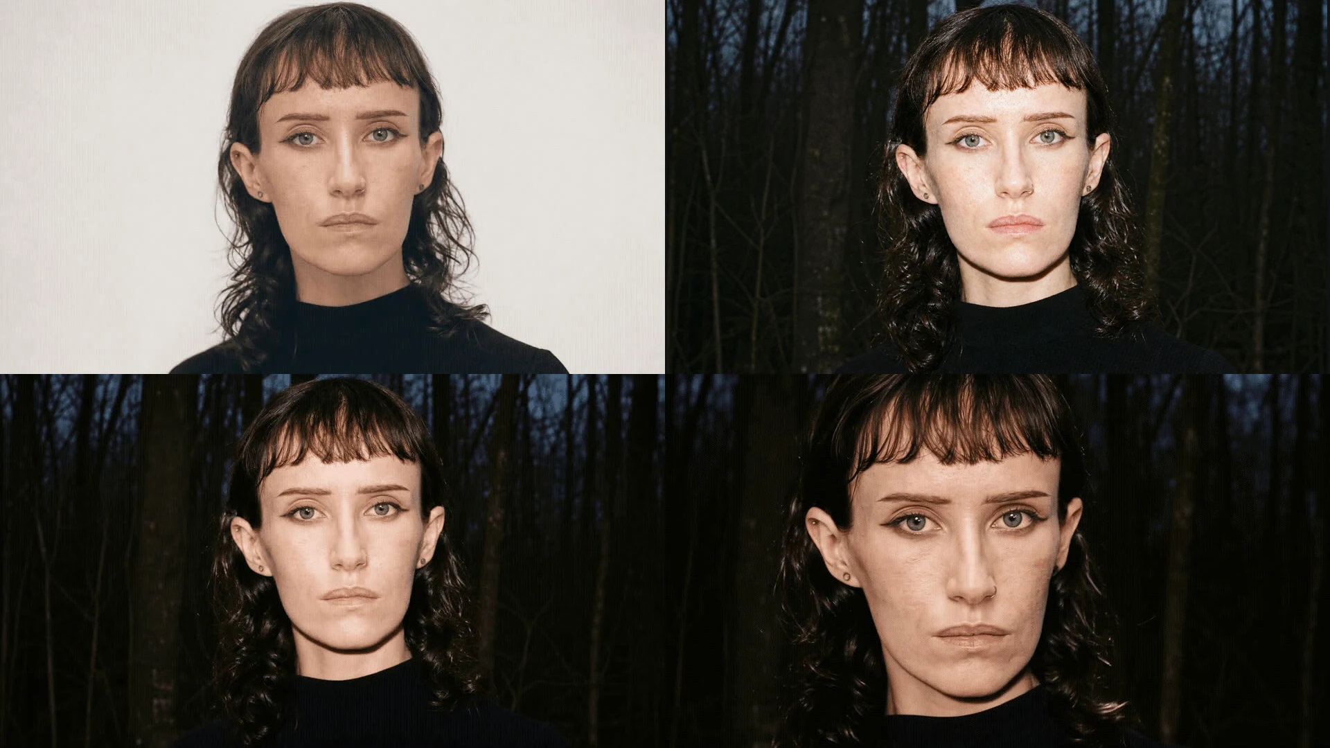 Four-frame Runway workflow showing a neutral portrait, flash-lit keyframe and moving relit output