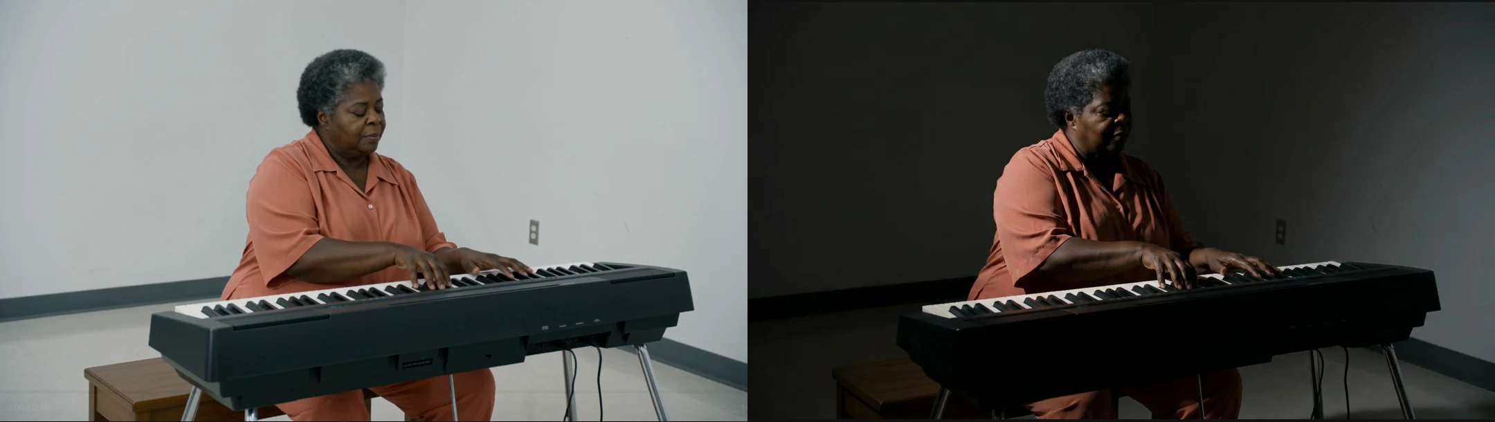 Side-by-side Runway source and relit frames of a woman playing an electronic keyboard