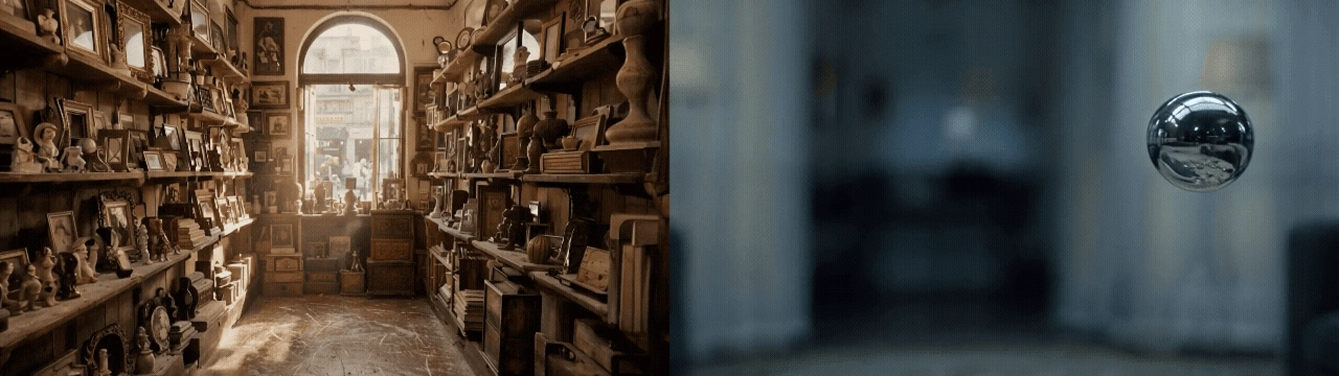 Runway AI video examples comparing a detailed antique shop in deep focus with a chrome bubble in shallow focus