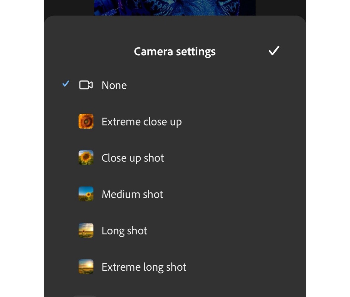 Adobe Firefly mobile camera settings showing extreme close-up, close-up, medium, long, and extreme long shot sizes