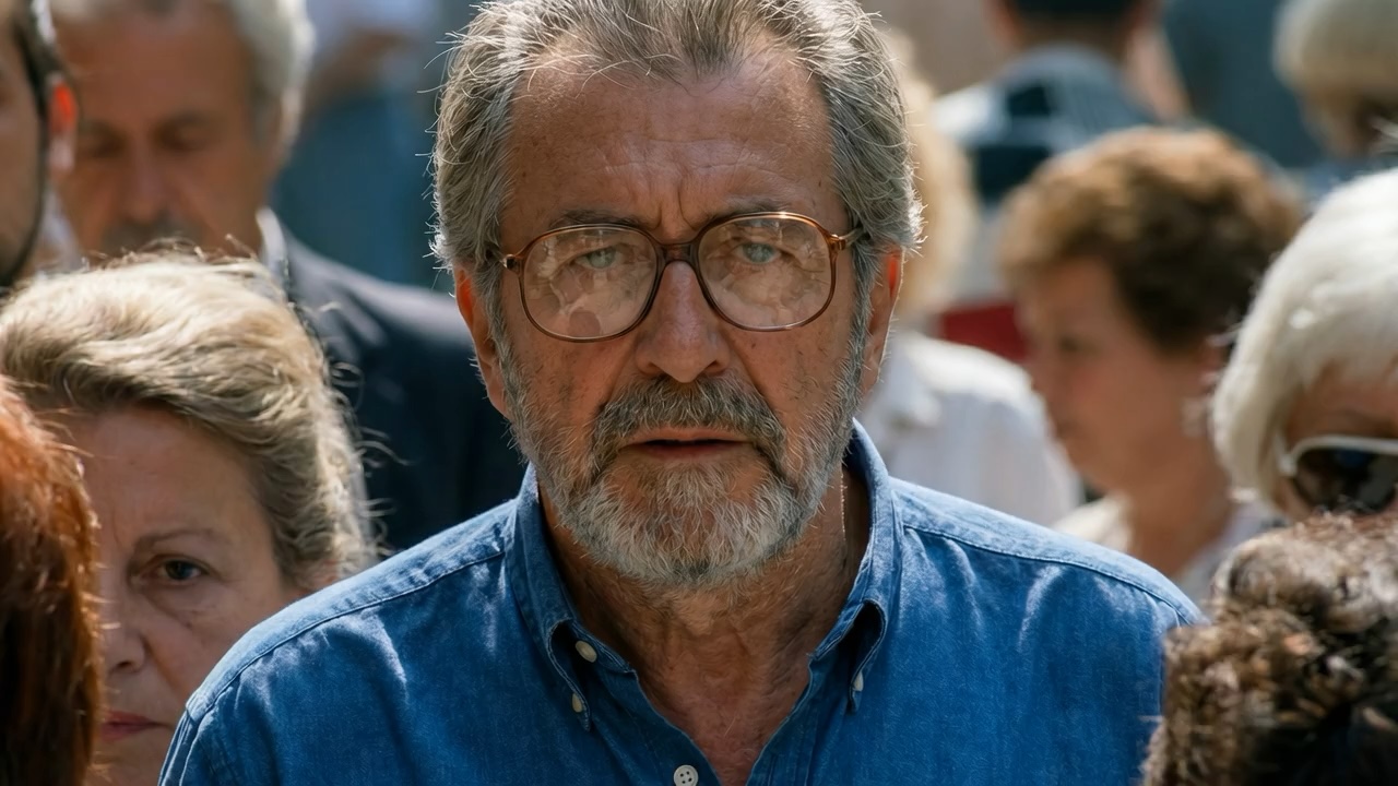 Runway Image to Video source frame showing a tight portrait of an older man against a softly focused crowd