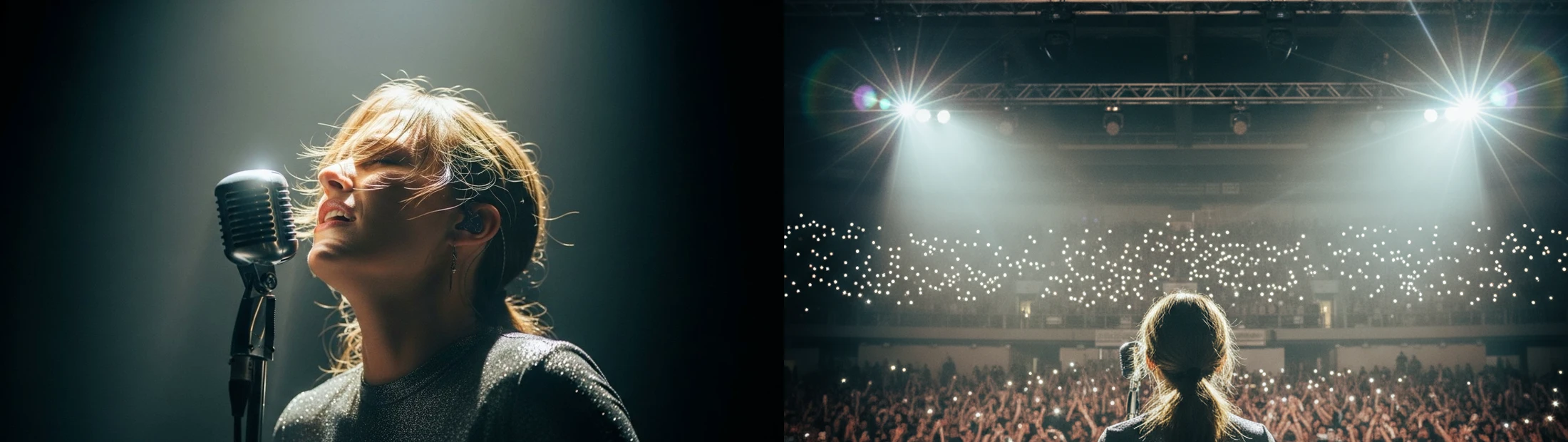 Google Veo first and last frames showing a singer under a front spotlight and from behind facing a crowd and stage lights