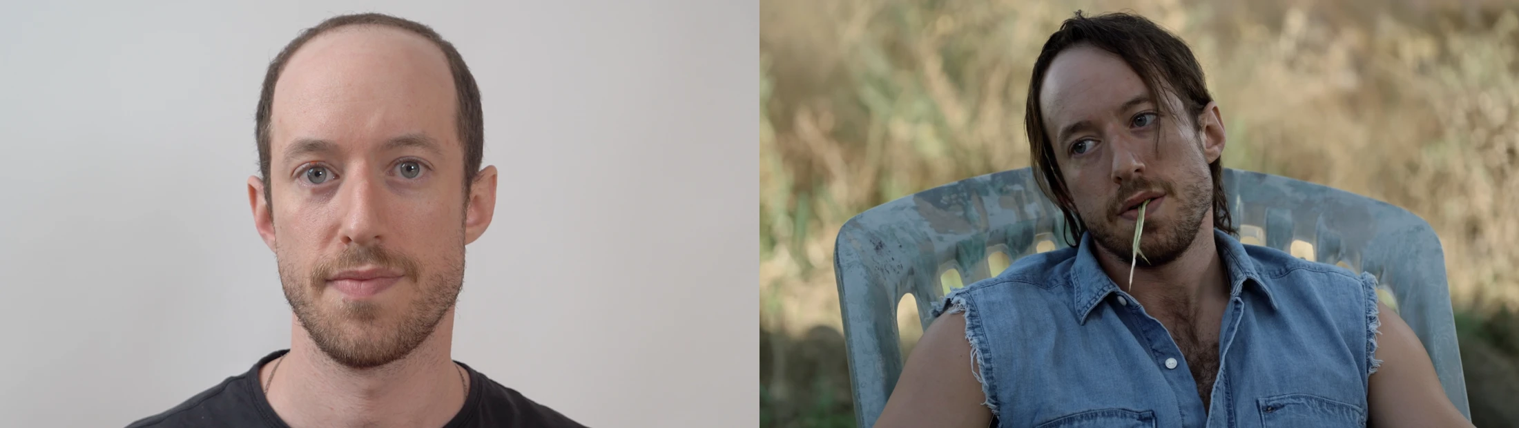 Runway neutral character reference beside the same man generated outdoors under different lighting