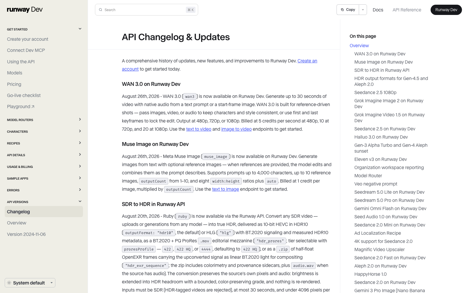 Runway Dev API changelog listing new models, formats and a model sunset