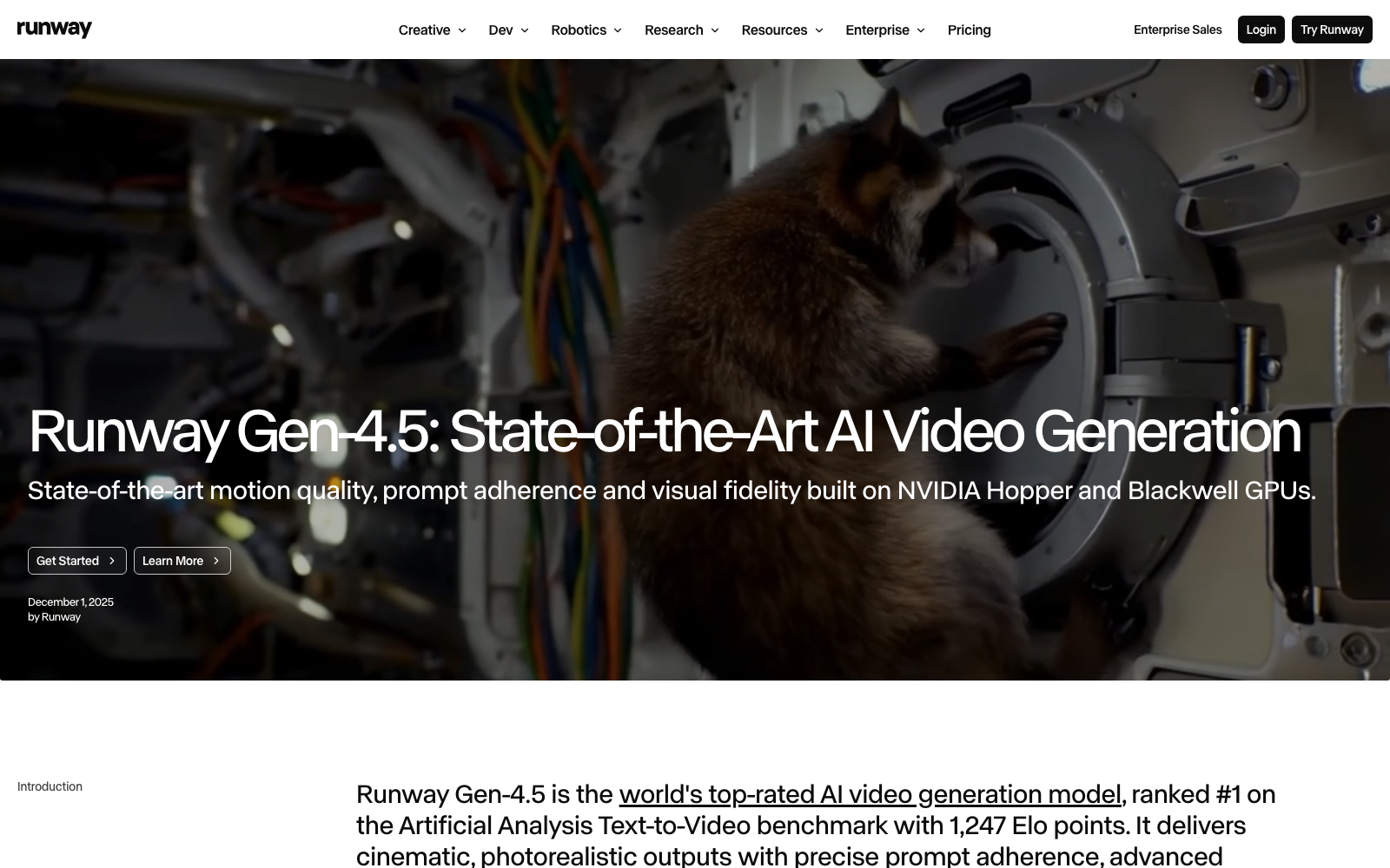 Official Runway Gen-4.5 launch page showing a generated raccoon inside a spacecraft