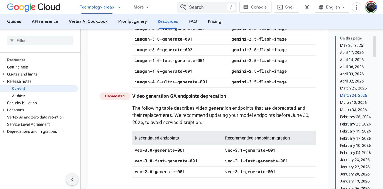 Google Cloud release notes table mapping deprecated Veo endpoints to Veo 3.1 replacements