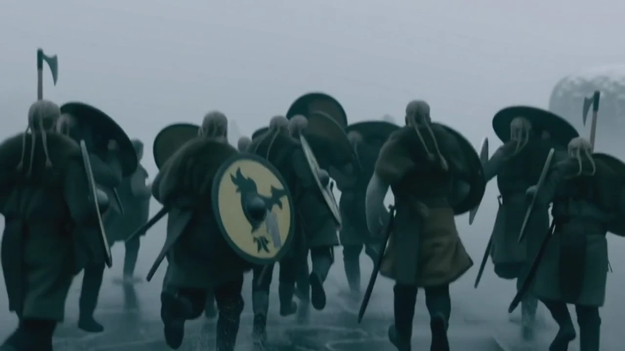 Official Sora 2 generated Viking scene from OpenAI showing warriors running through fog