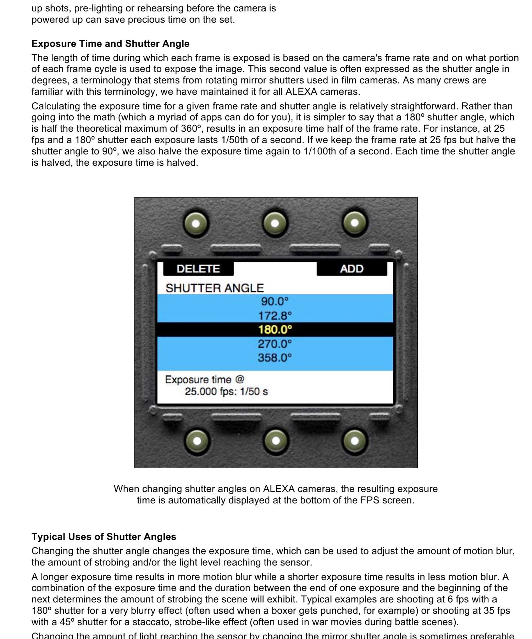ARRI shutter-angle guide explaining exposure time, motion blur and strobing