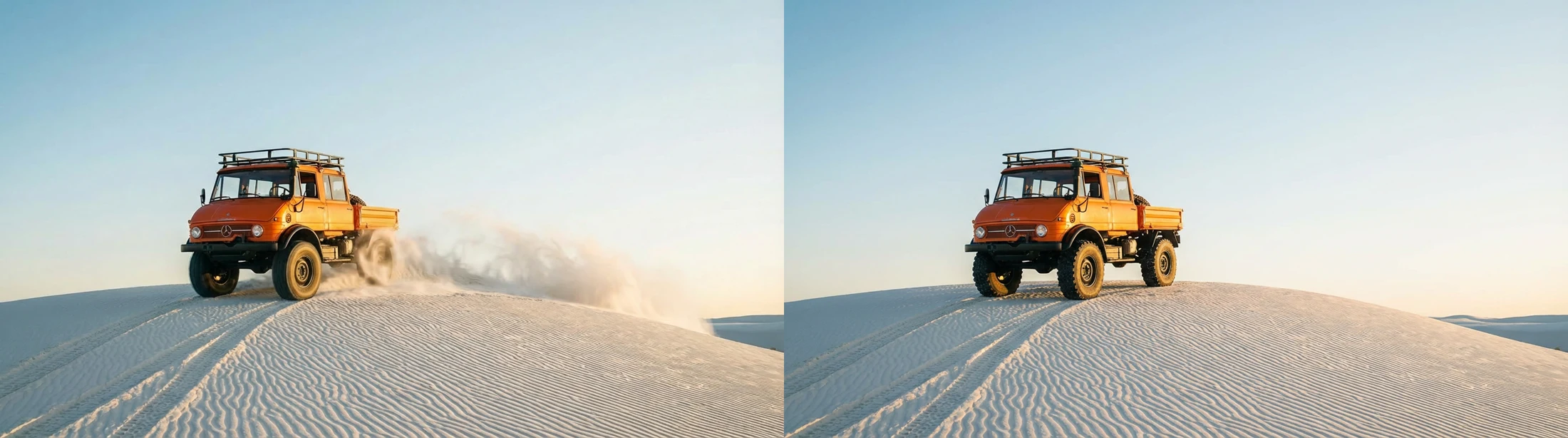 Two Runway input images of an orange truck, one with motion blur and dust and one clean and stationary