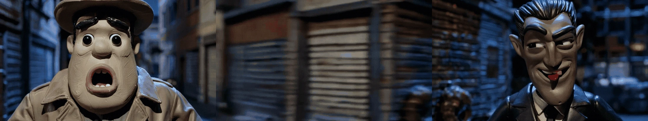 Three phases of a Runway whip pan from a clay detective through horizontal motion blur to an antagonist