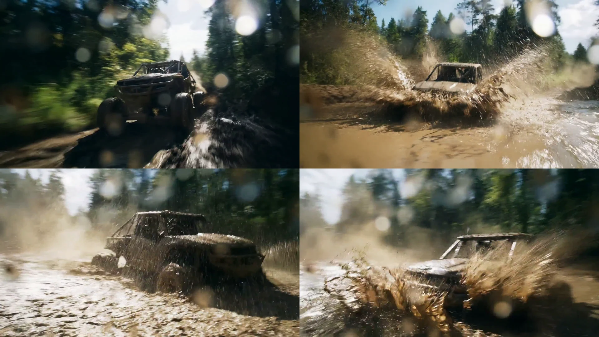 Four frames from a Google Veo off-road sequence showing a muddy vehicle accelerating through water