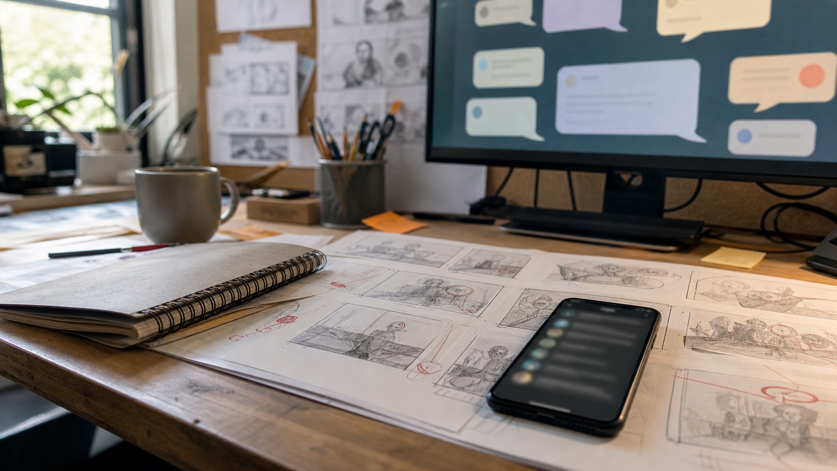 Animation worktable with storyboards, red pencil notes, and blurred social media notifications