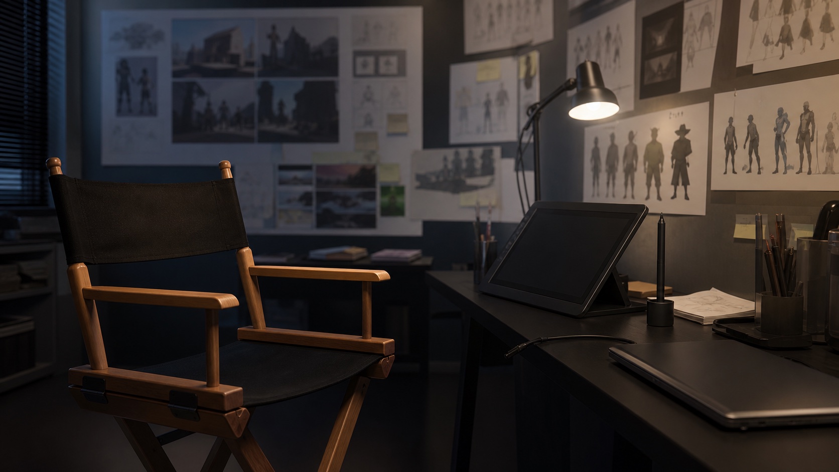Empty director's chair beside a closed laptop, drawing tablet, and animation concept wall