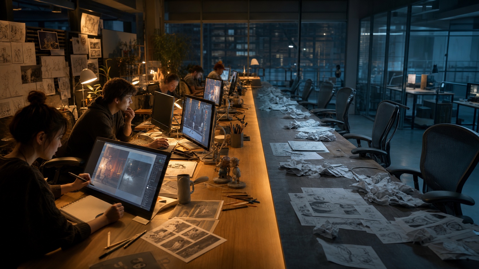 Animation studio table split between active artists using AI tools and empty chairs with discarded drawings