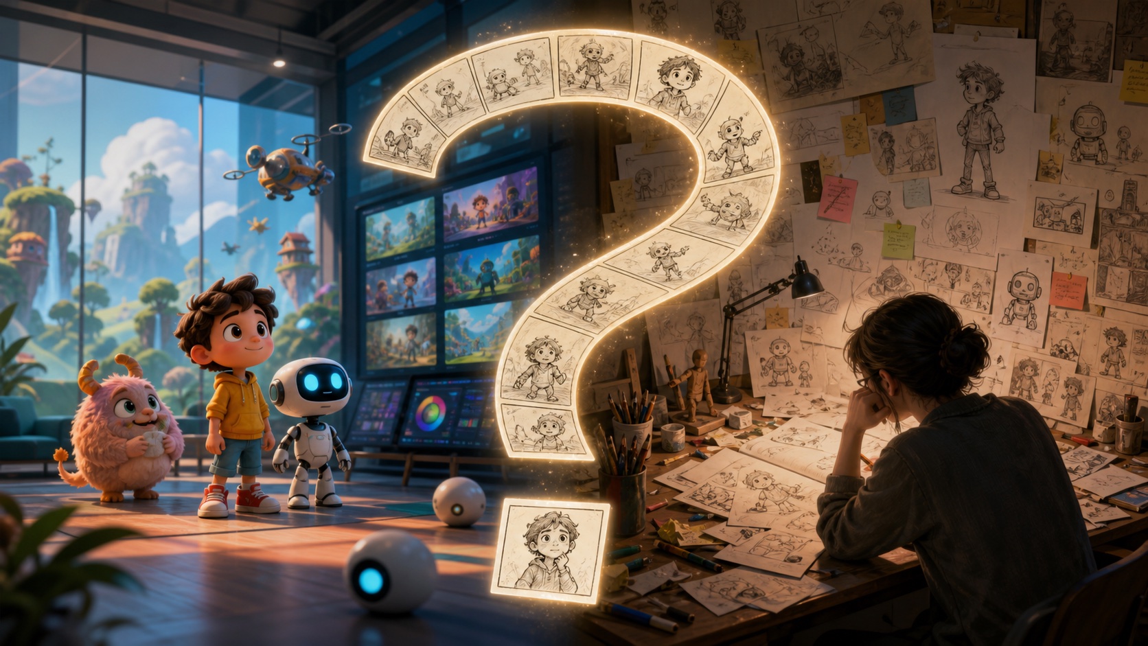 Children's animation concept room split between polished generated characters and a handmade artist development wall