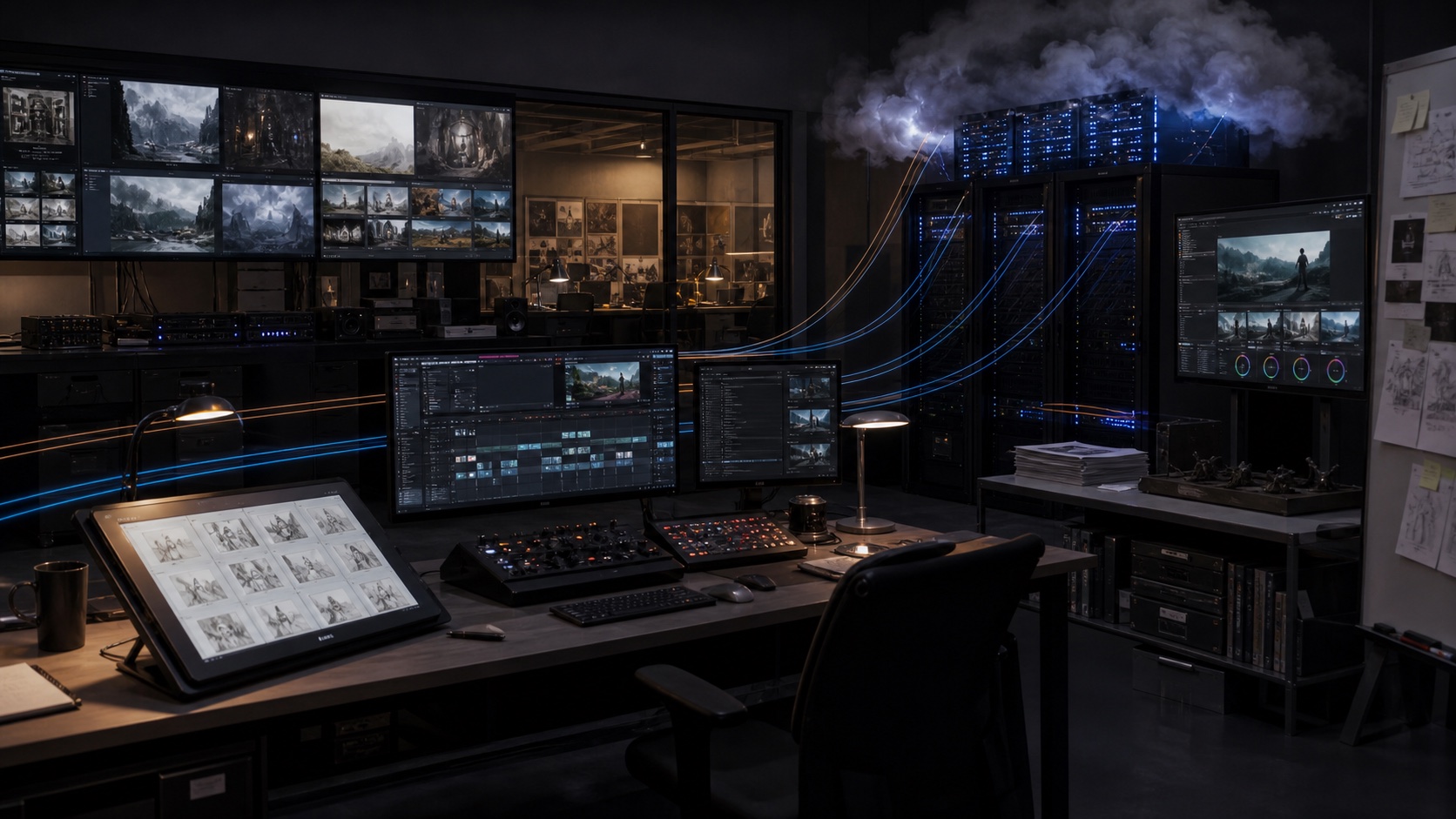 AI-assisted animation production control room with monitors, render racks, and storyboard boards