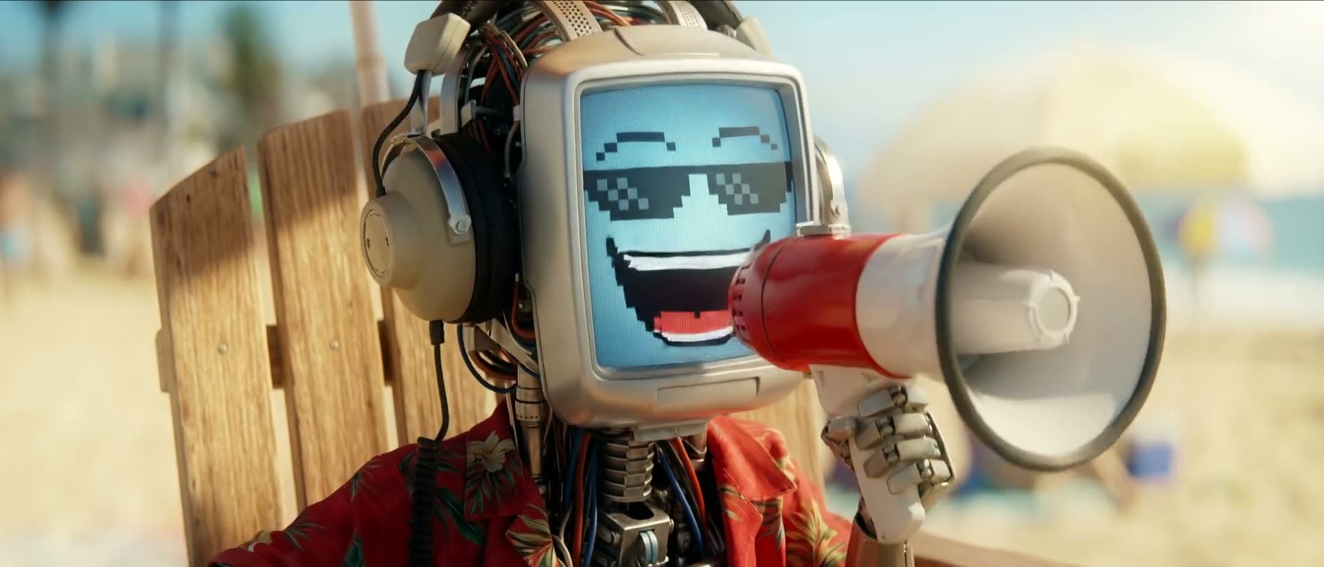 Robot character with a screen face and megaphone in the Astana AI Film Festival hero film