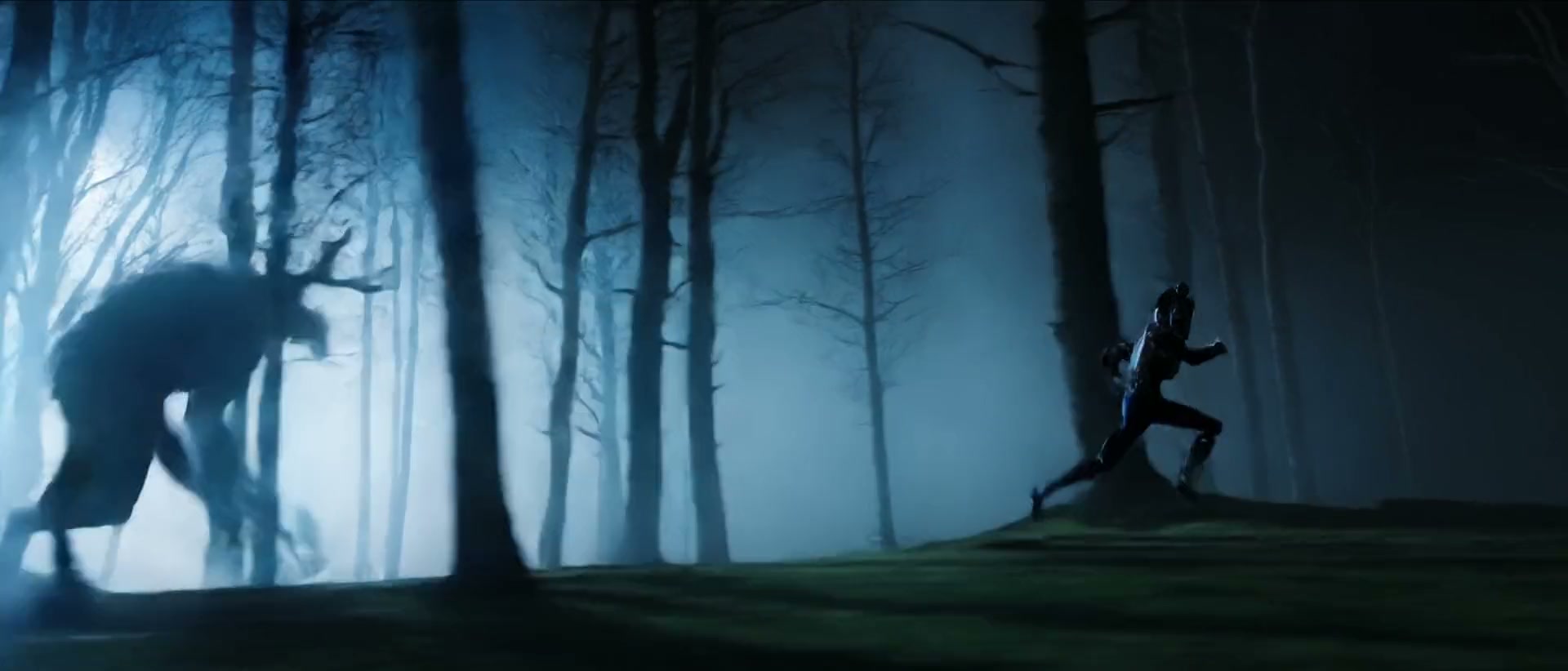 Screen-faced character standing beside a large antlered creature in a forest