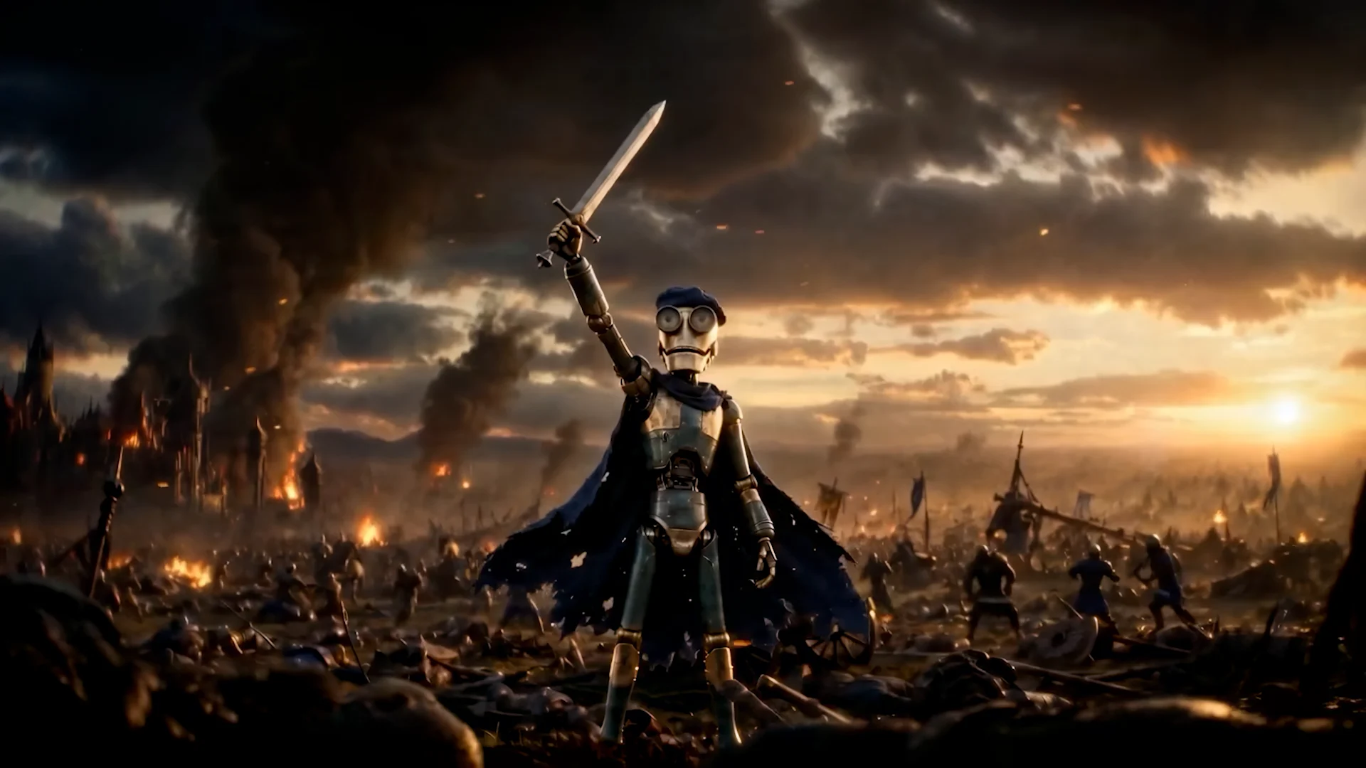 Robot character raising a sword in a wide synthetic battlefield scene from an Autodesk Flow Studio demo