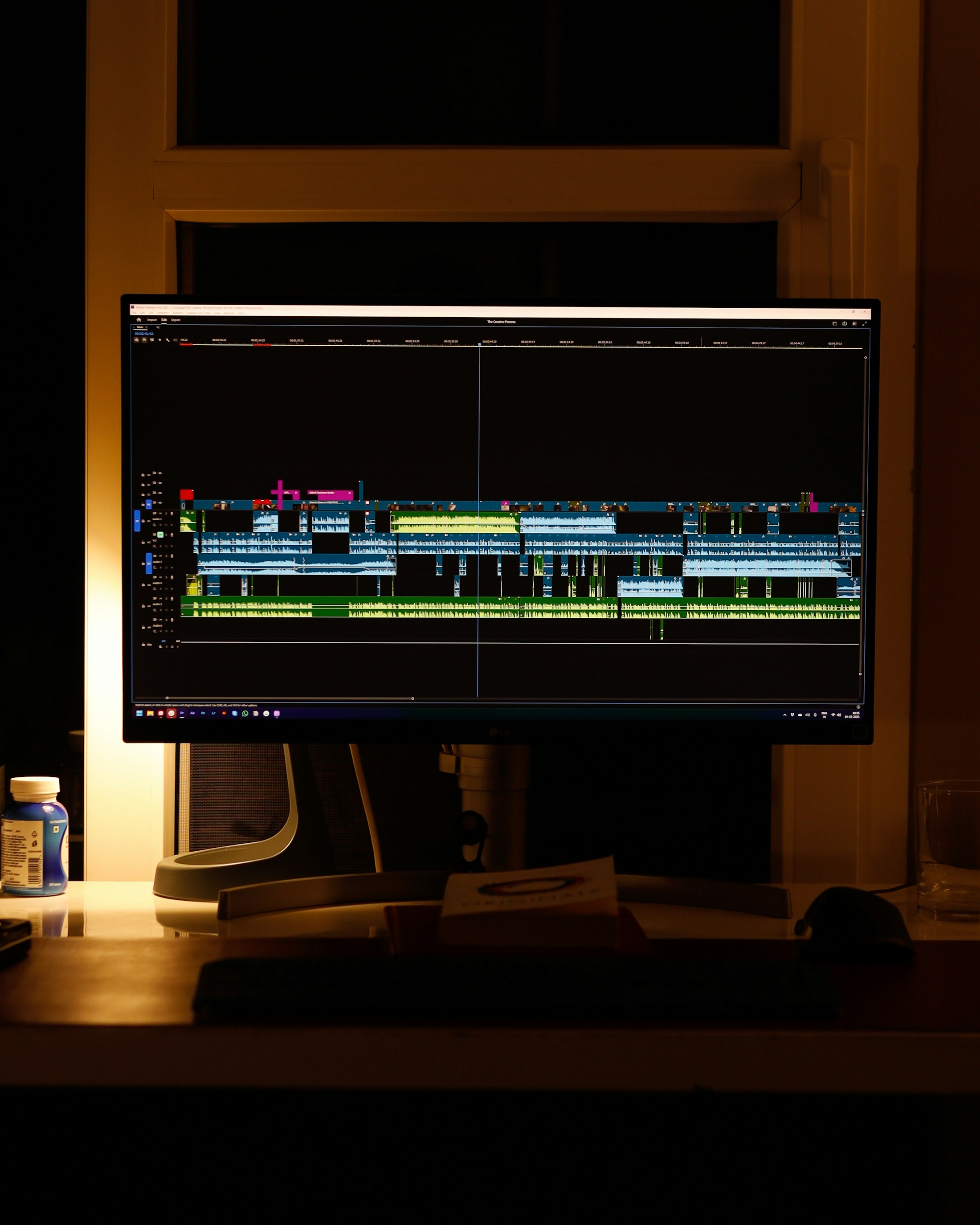 Computer monitor showing a detailed video editing timeline at night