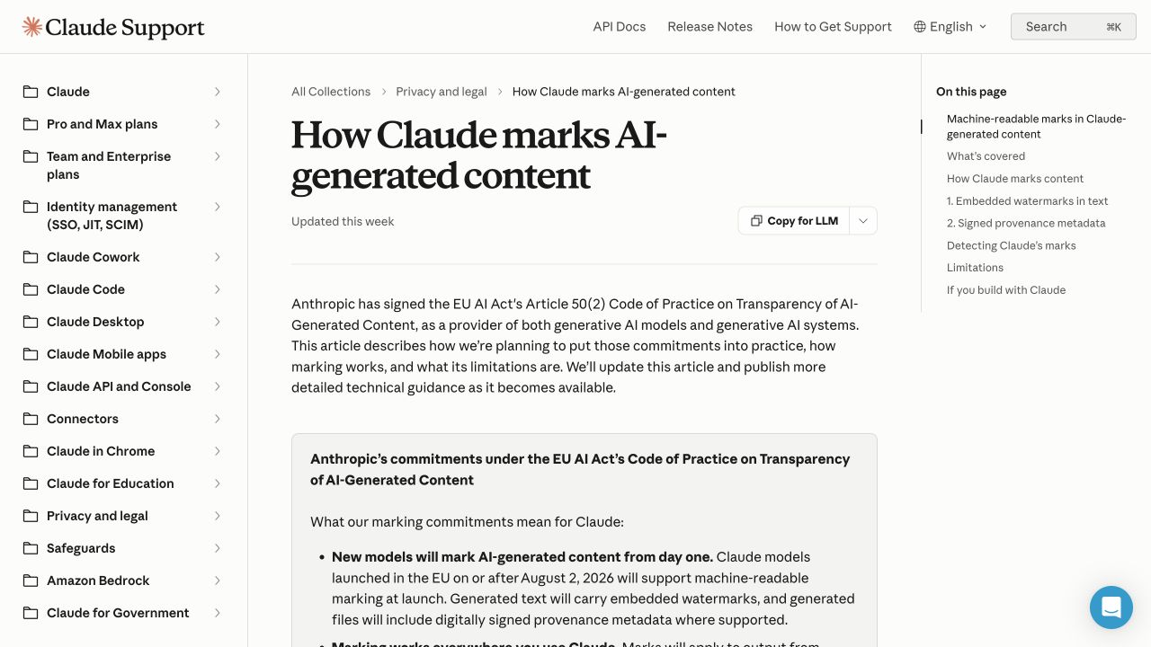 Anthropic guidance page explaining how Claude marks AI-generated content under the EU AI Act transparency code