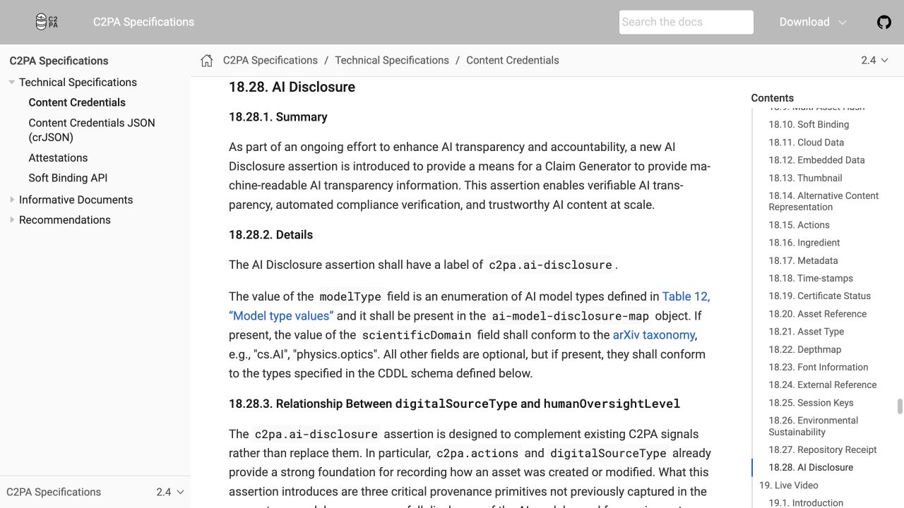 C2PA version 2.4 specification describing its machine-readable AI disclosure assertion and human oversight information