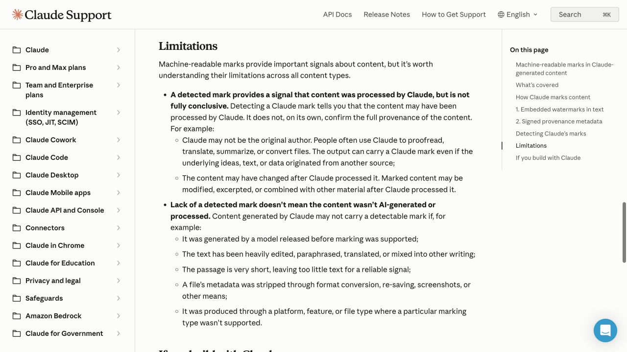 Anthropic guidance listing why a detected Claude mark is not conclusive and why an absent mark does not prove human authorship