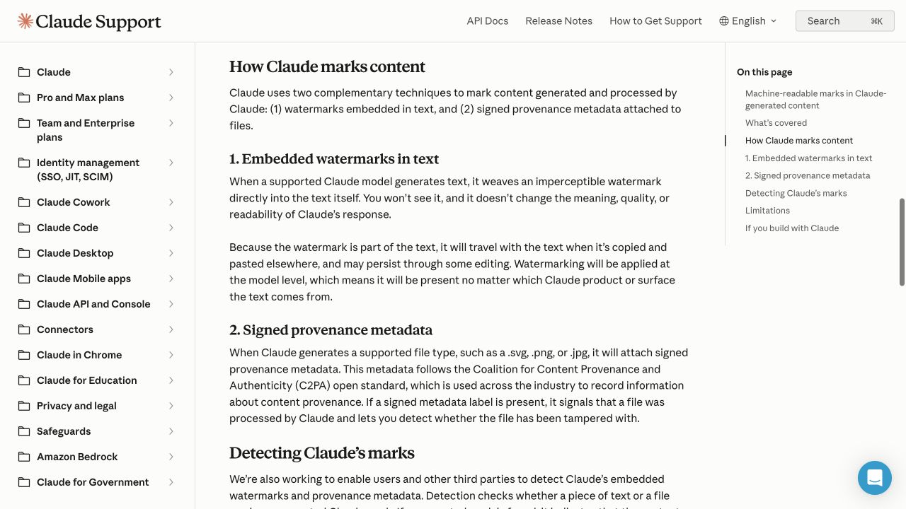 Anthropic guidance describing embedded Claude text watermarks and signed C2PA metadata on supported files