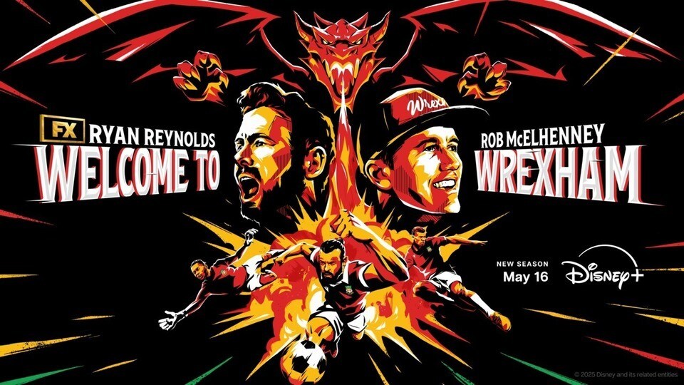 Welcome to Wrexham illustrated key art with Ryan Reynolds, Rob McElhenney, and Wrexham players