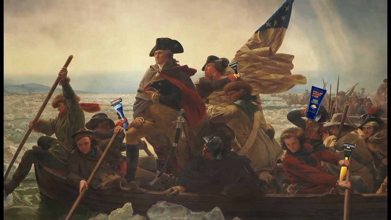 AI-stylised Washington Crossing the Delaware scene with Dollar Shave Club razors and grooming products carried in the boat